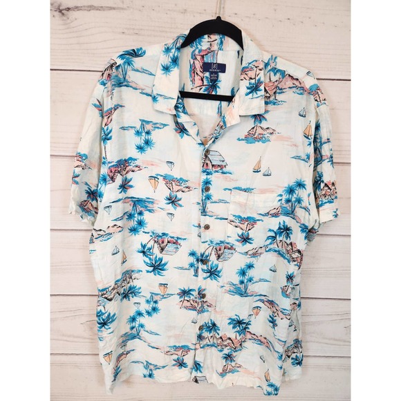 George Men's White Blue Short Sleeve‎ Hawaiian Button Down Shirts Size Large - Picture 1 of 6
